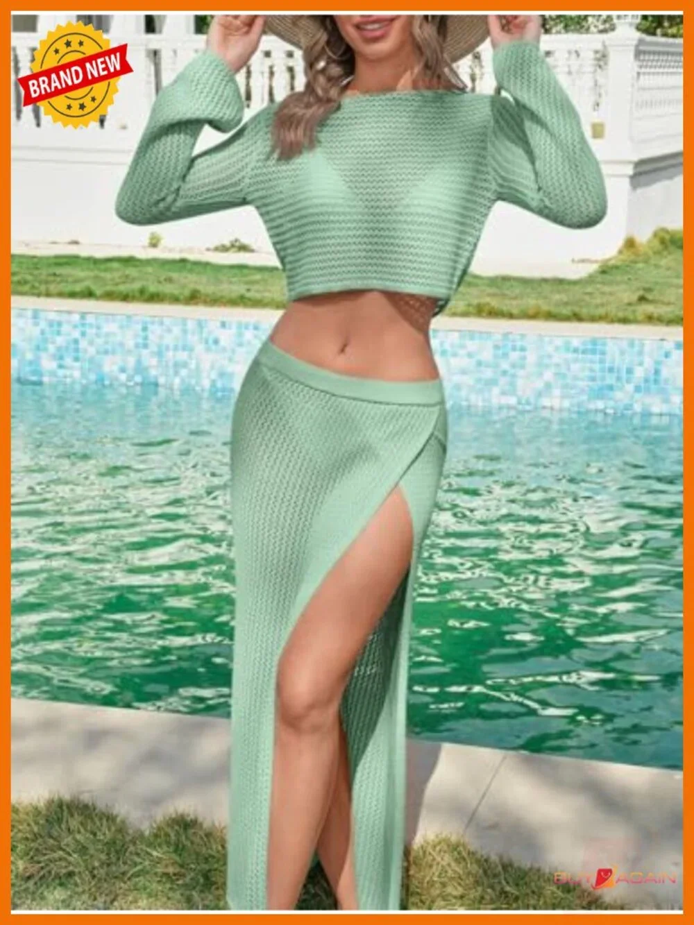 Crochet 2 Piece Beach Cover Up Set - Boat Neck Crop Top & Maxi Skirt